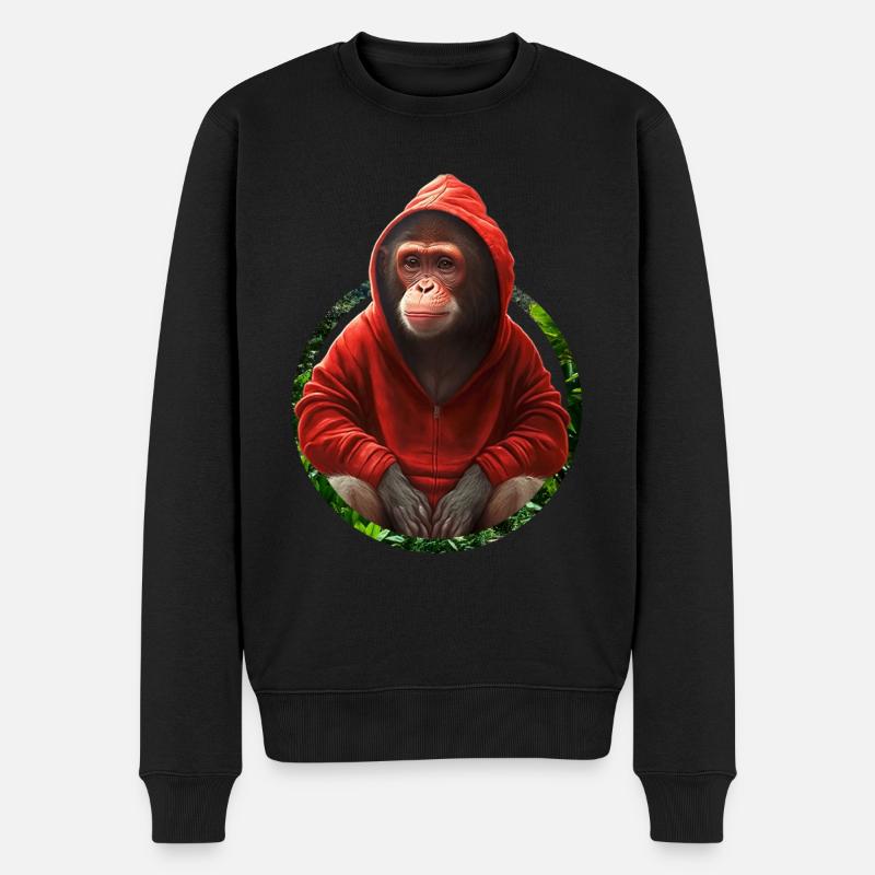 Cooler Affe Schimpanse in roter Kapuzenjacke - Männer Premium Bio Pullover - Schwarz