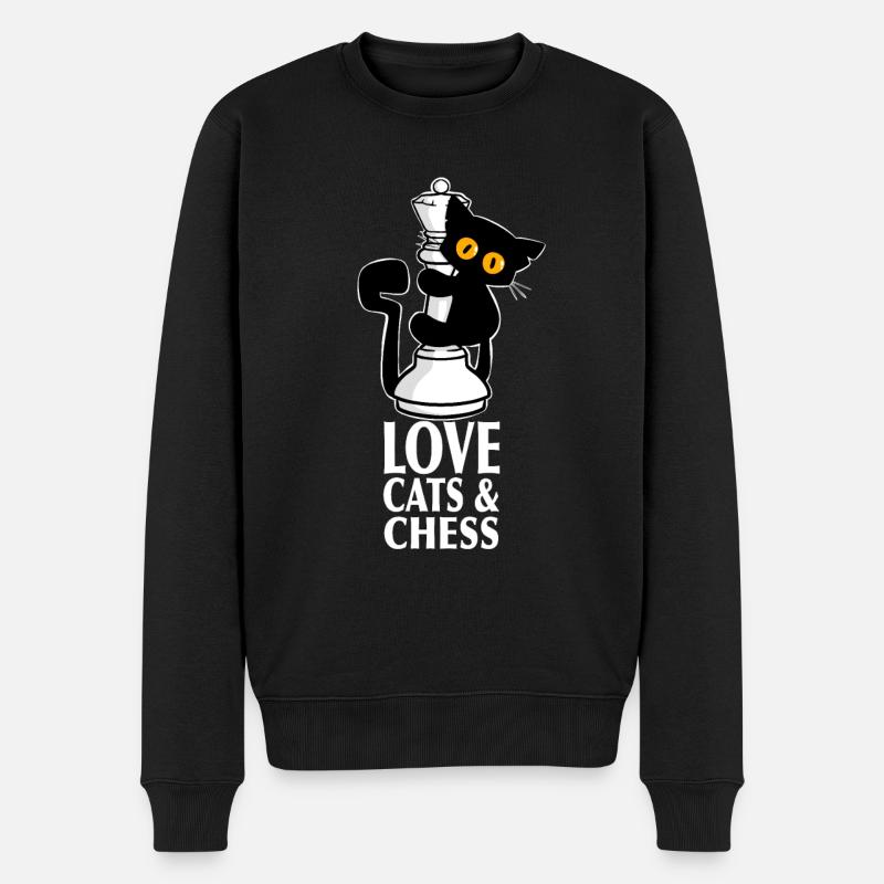 Süße schwarze Katze, klettert an Dame vom Schach - Männer Premium Bio Pullover - Schwarz