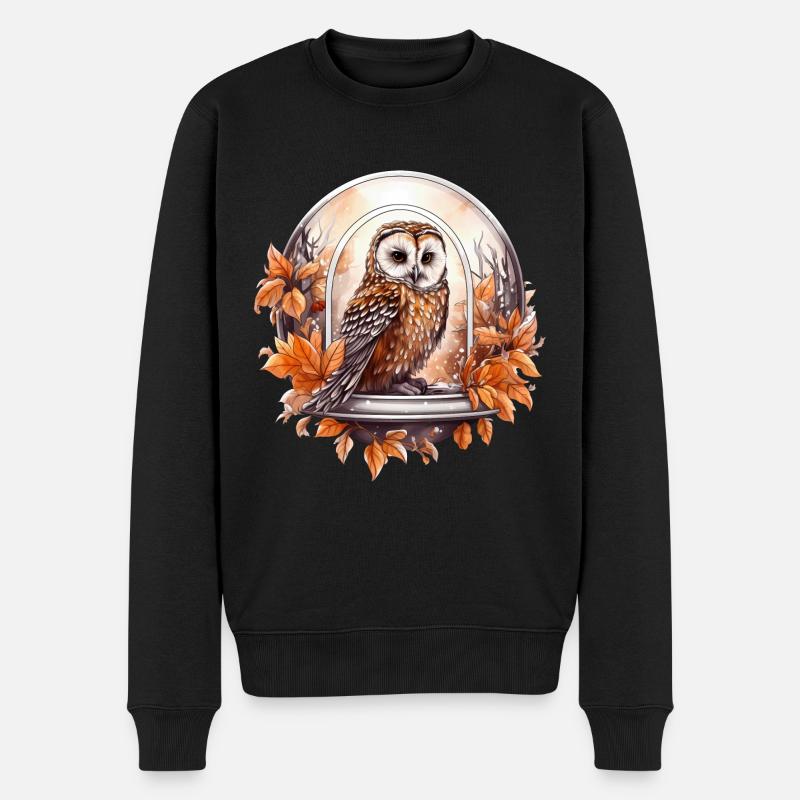 Verträumter Waldkauz mit herbstlichen Blättern - Männer Premium Bio Pullover - Schwarz