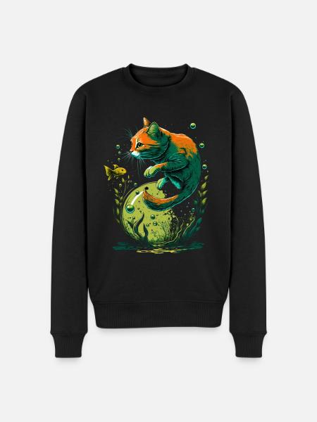 Fantasy Katze spielt mit Goldfischen - Männer Premium Bio Pullover - Schwarz