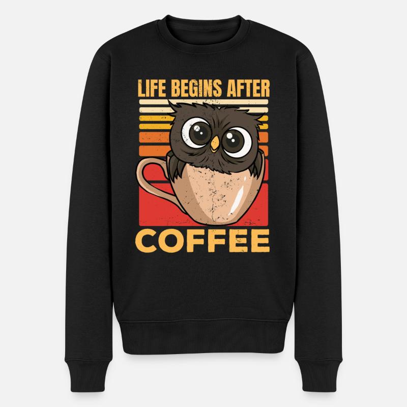 Süße Eule Kaffeeliebhaber Das Leben ist besser nach dem Kaffee - Männer Premium Bio Pullover - Schwarz