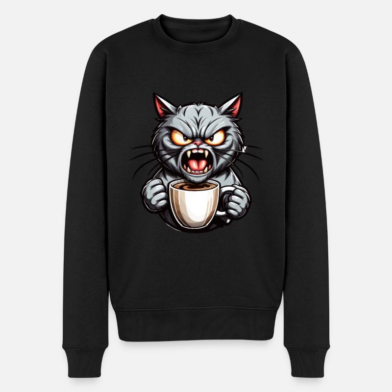 Graue Katze mit Kaffee - Männer Premium Bio Pullover - Schwarz