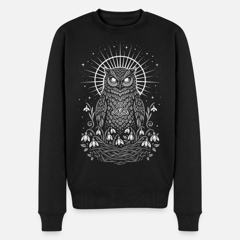 Imbolc Eule mit Triskele und Schneeglöckchen - Männer Premium Bio Pullover - Schwarz