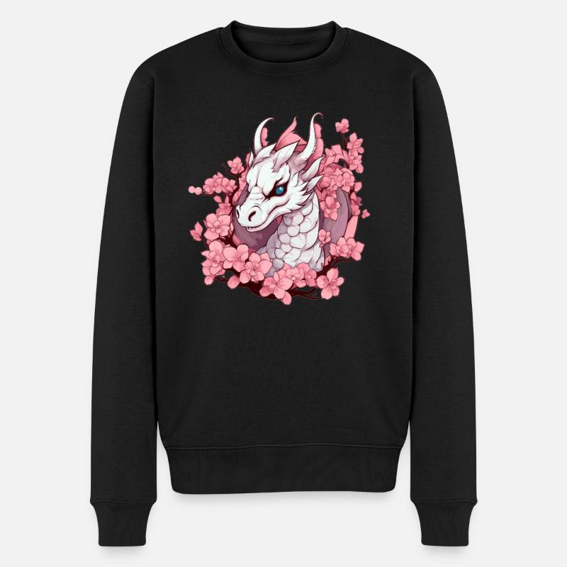 Weißer Drache mit Kirschblüten - Männer Premium Bio Pullover - Schwarz