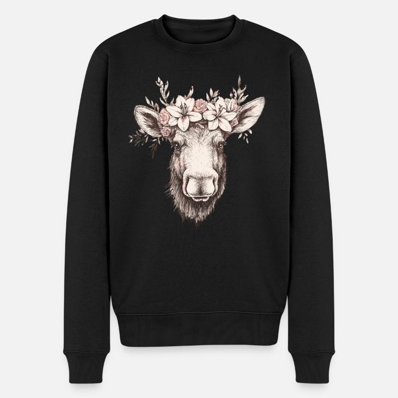 Elch mit Blumenkrone - Männer Premium Bio Pullover - Schwarz