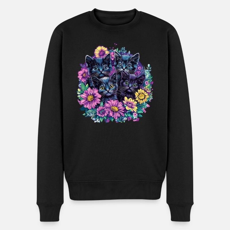 Schwarze Kätzchen mit Blumen - Männer Premium Bio Pullover - Schwarz