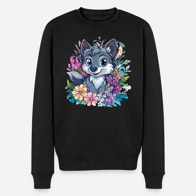 Blumenwolf Cartoon-Stil - Männer Premium Bio Pullover - Schwarz