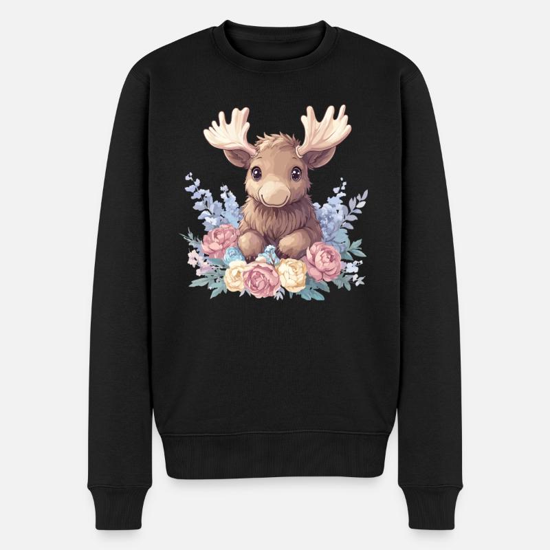 Süßer Elch mit Blumen - Männer Premium Bio Pullover - Schwarz
