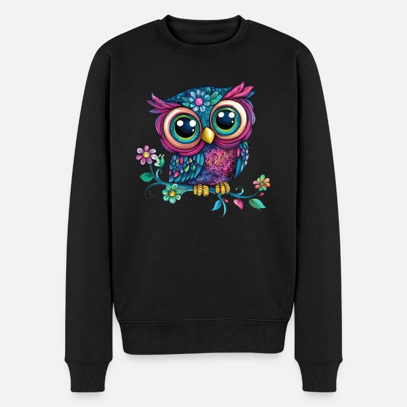 Bunte Eule auf Ast - Männer Premium Bio Pullover - Schwarz