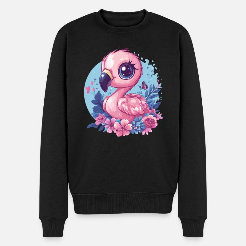 Flamingo mit Blumendeko - Männer Premium Bio Pullover - Schwarz