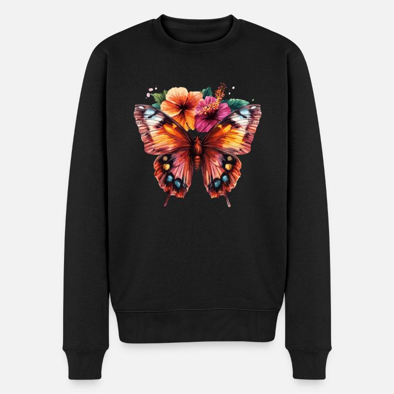 Bunter Schmetterling mit Blumen - Männer Premium Bio Pullover - Schwarz