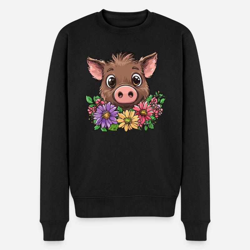 Wildschwein mit Blumen - Männer Premium Bio Pullover - Schwarz