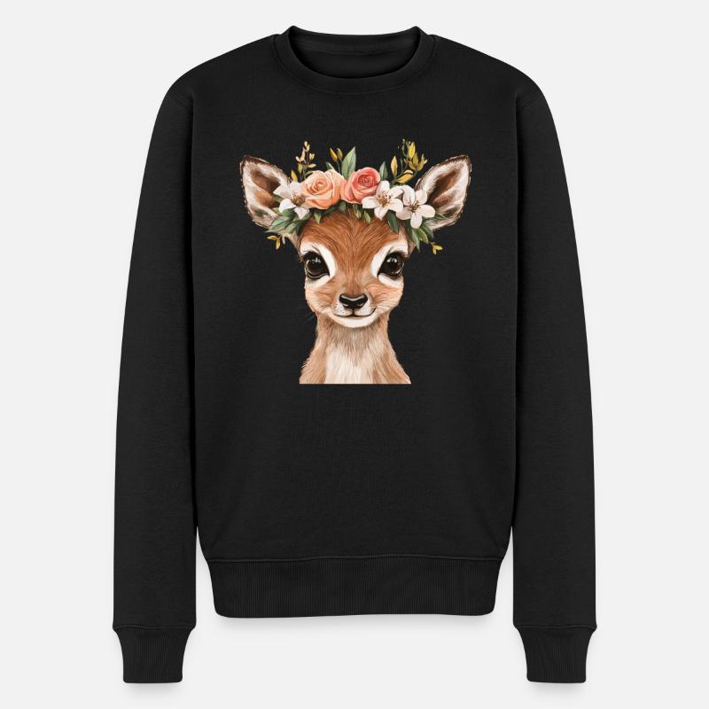 Rehkitz mit Blumenkranz - Männer Premium Bio Pullover - Schwarz