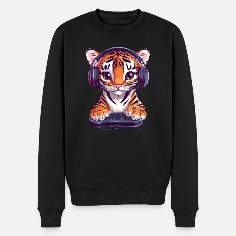 Gamer Tiger mit Headset - Männer Premium Bio Pullover - Schwarz