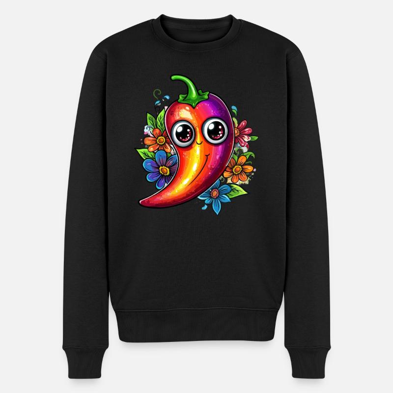 Bunte Chili mit Blumen - Männer Premium Bio Pullover - Schwarz