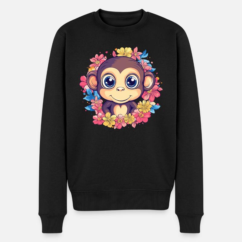 Fröhlicher Affe mit Blumen - Männer Premium Bio Pullover - Schwarz