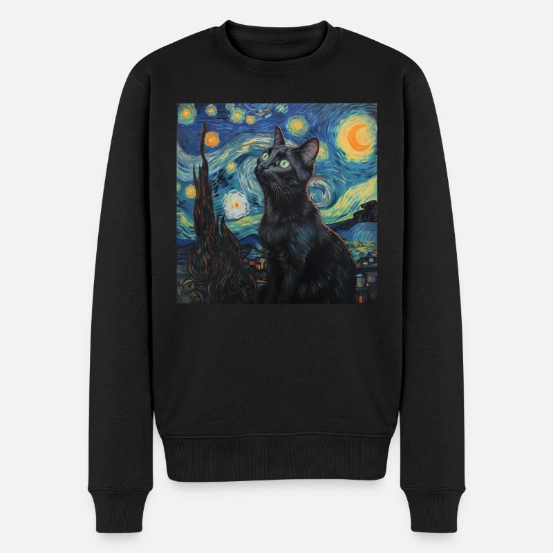 schwarze katze, katze, tier, van gogh, sternenacht - Männer Premium Bio Pullover - Schwarz