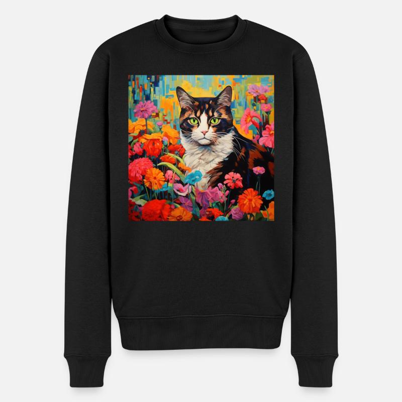 Katze, katzenmotiv, blumen, geschenk, geschenkidee - Männer Premium Bio Pullover - Schwarz