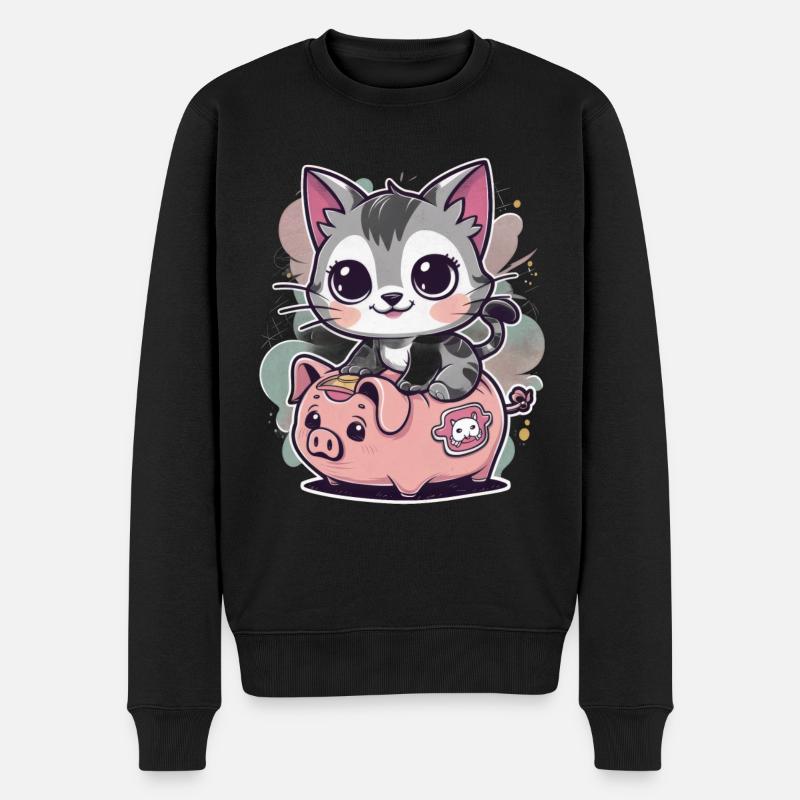 Chat Kawaii avec Tirelire - Pull Premium bio Homme - noir