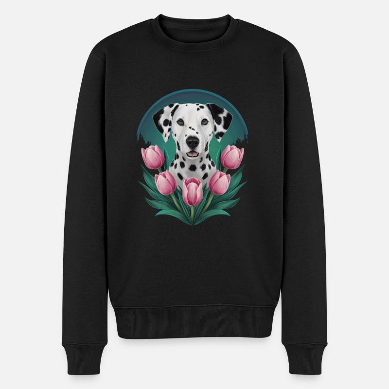 Dalmatien mignon avec des tulipes - Pull Premium bio Homme - noir