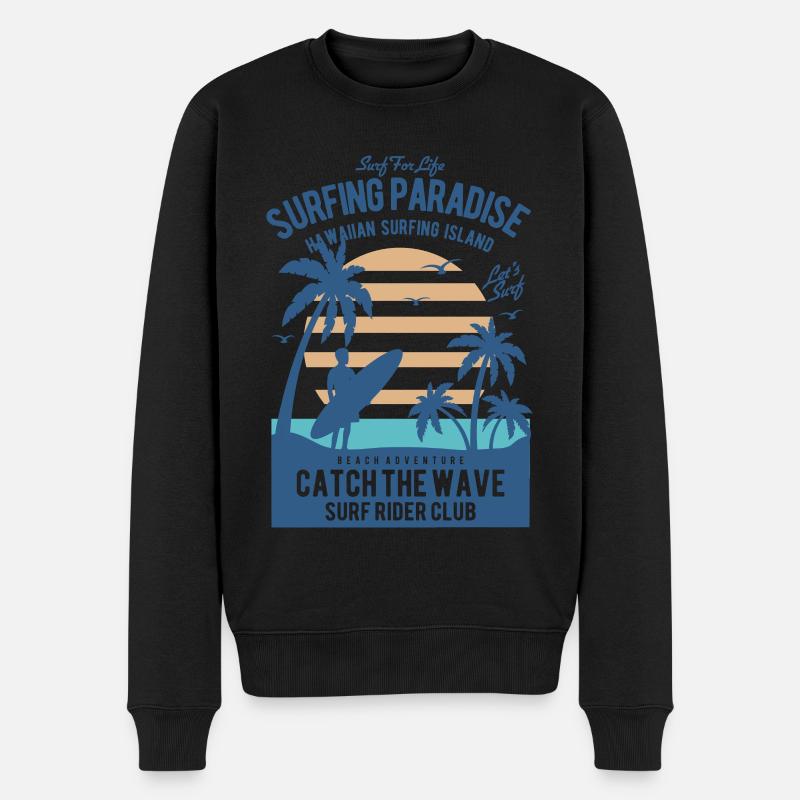 Surf, Paradis, île, Hawaï, vagues, surfeur surf - Pull Premium bio Homme - noir