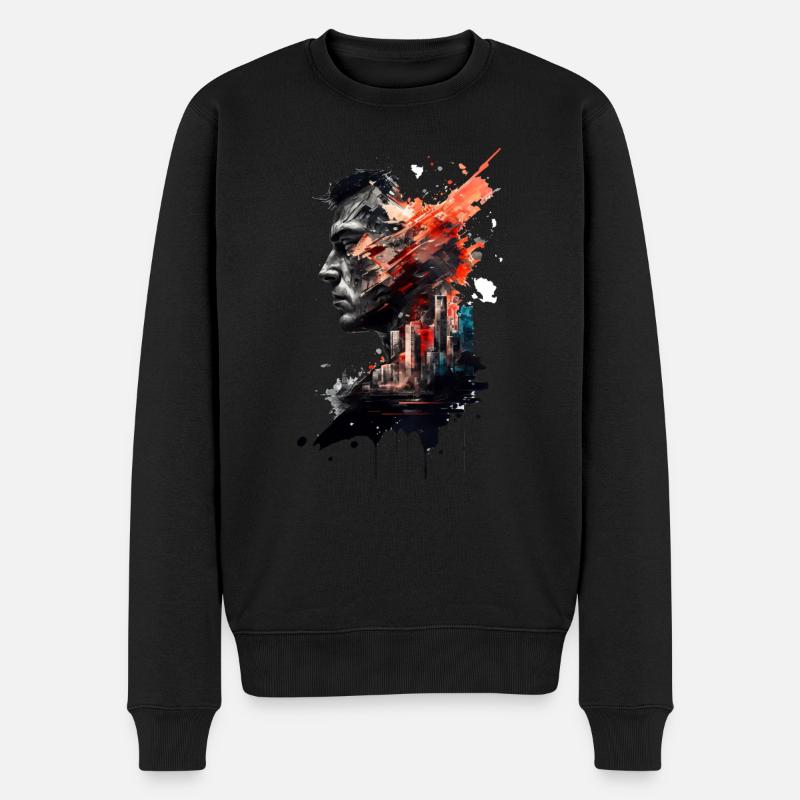Potrait Mensch mit Skyline abstrakt - Männer Premium Bio Pullover - Schwarz