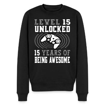 Niveau 15 débloqué - 15 anniversaire gamer gris - Pull Premium bio Homme - noir - Devant - Nico (187cm)