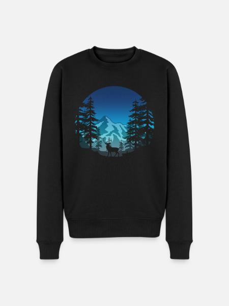 Hirsch im Wald (rund/blau) - Männer Premium Bio Pullover - Schwarz