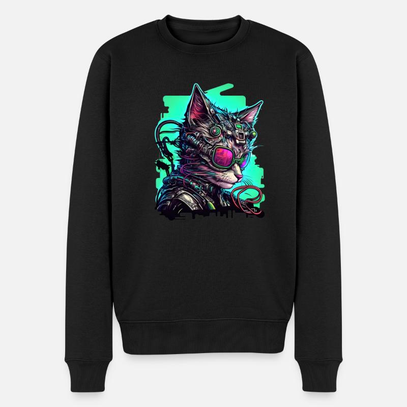 Chat cybernétique avec lunettes d’aviateur - Pull Premium bio Homme - noir