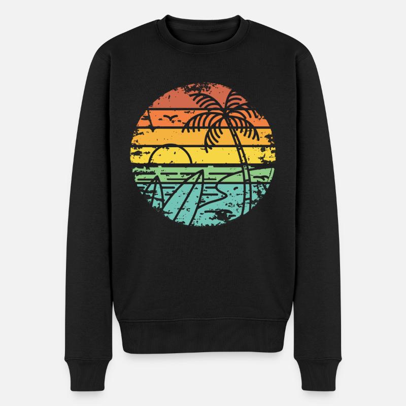retro sunset Strand Palmen Surfbrett - Männer Premium Bio Pullover - Schwarz