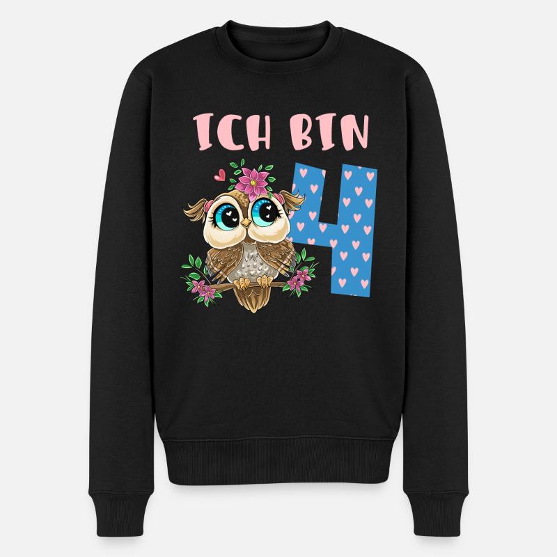 Ich Bin 4 Süße Eule Mit Blumen Mädchen Geburtstag - Männer Premium Bio Pullover - Schwarz