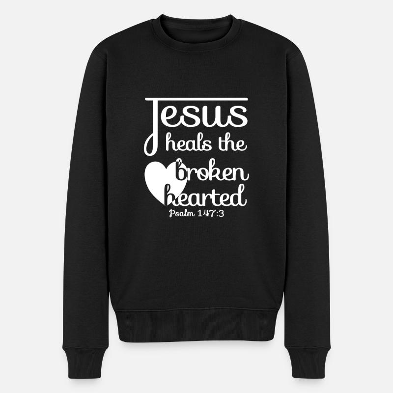 Christian Design Jesus heilt die gebrochenen Herzen - Männer Premium Bio Pullover - Schwarz