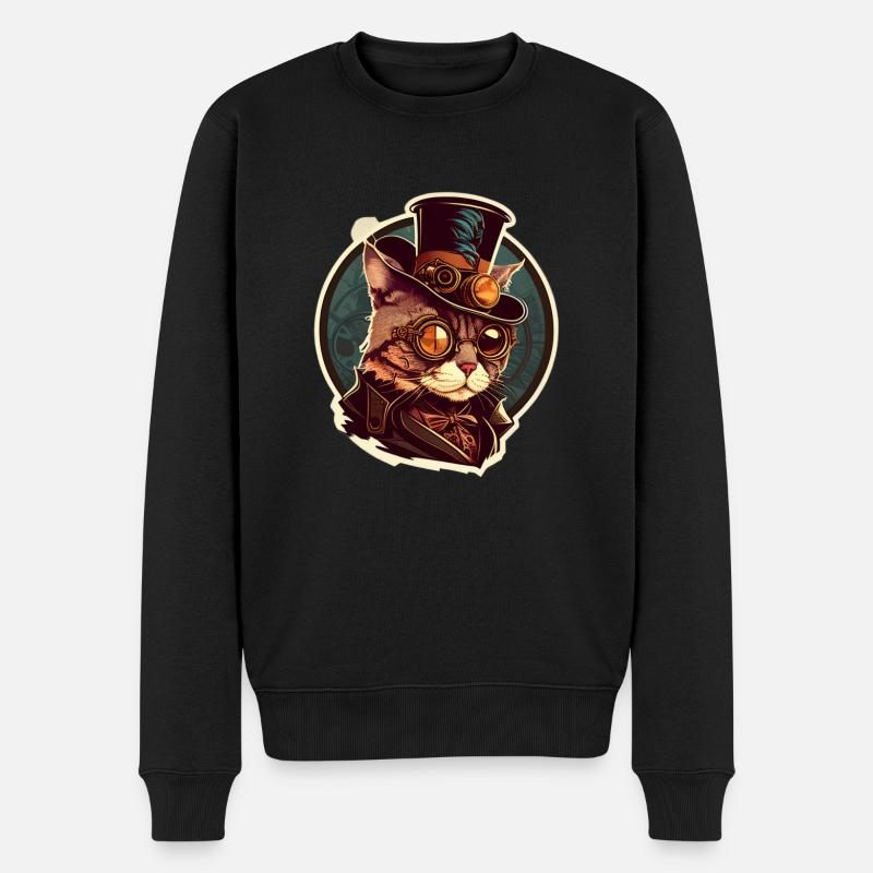 Steampunk Katze mit Hut und Brille - Männer Premium Bio Pullover - Schwarz