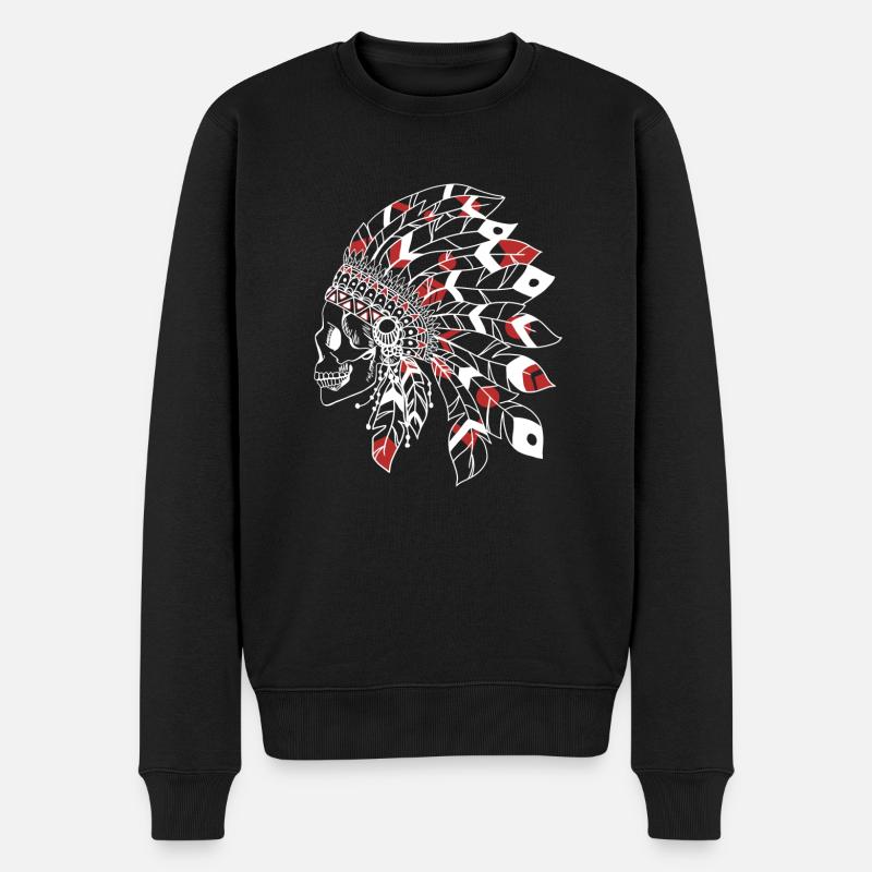 crâne avec une coiffe indienne blanc et rouge - Pull Premium bio Homme - noir