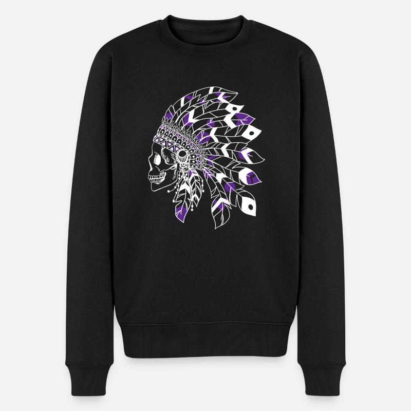 Totenkopf mit weißem und lila indischem Kopfschmuck - Männer Premium Bio Pullover - Schwarz