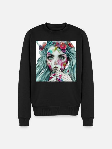 Aquarellgesicht mit Blütenkranz - Männer Premium Bio Pullover - Schwarz