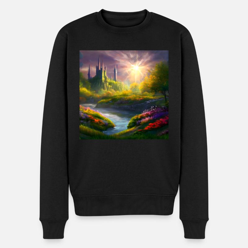 Gemälde einer Fantasielandschaft bei Sonnenaufgang - Männer Premium Bio Pullover - Schwarz