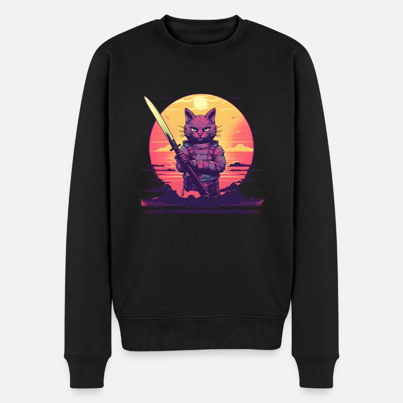 Synthwave samurai Cat sunset - Männer Premium Bio Pullover - Schwarz