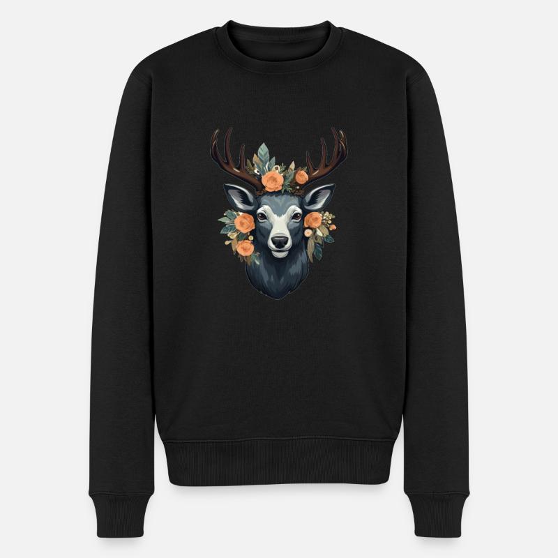 Hirsch Blumen - Männer Premium Bio Pullover - Schwarz