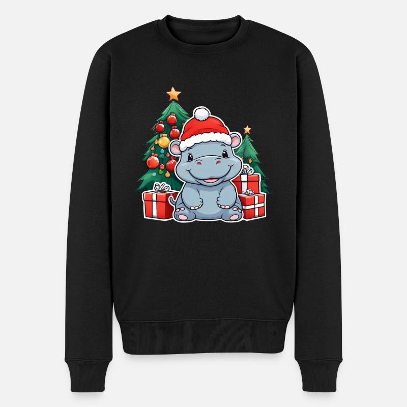 Niedliches Baby Nilpferd mit Weihnachtsmütze - Männer Premium Bio Pullover - Schwarz