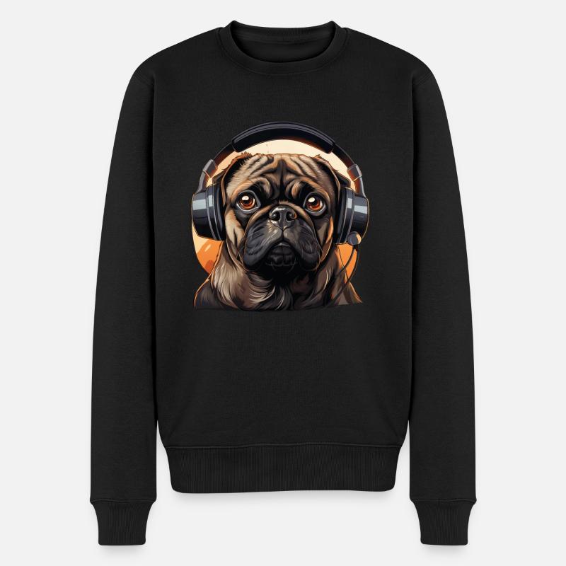 Mops mit Kopfhörer - Männer Premium Bio Pullover - Schwarz