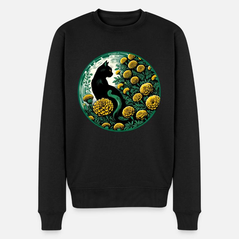 Schwarze Katze Ringelblume - Männer Premium Bio Pullover - Schwarz