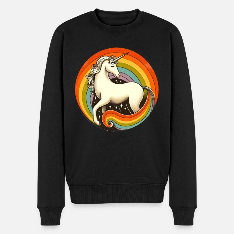 Retro 1980 Regenbogen Einhorn - Männer Premium Bio Pullover - Schwarz