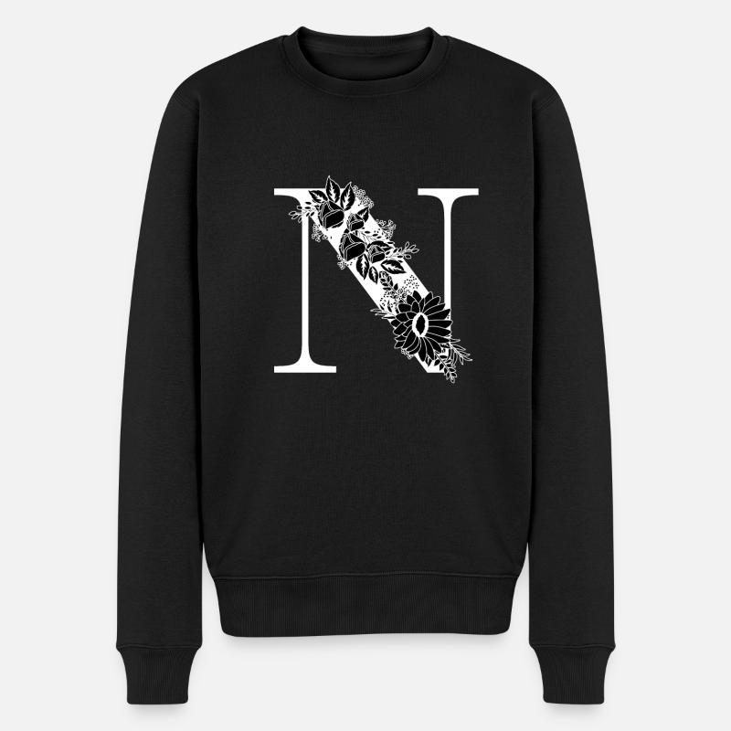 Schwarz-weißer Blumenbuchstabe n - Männer Premium Bio Pullover - Schwarz