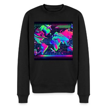 Weltkarte in Neonfarben: Reisen und Abenteuer - Männer Premium Bio Pullover - Schwarz - Vorne - Nico (187cm)