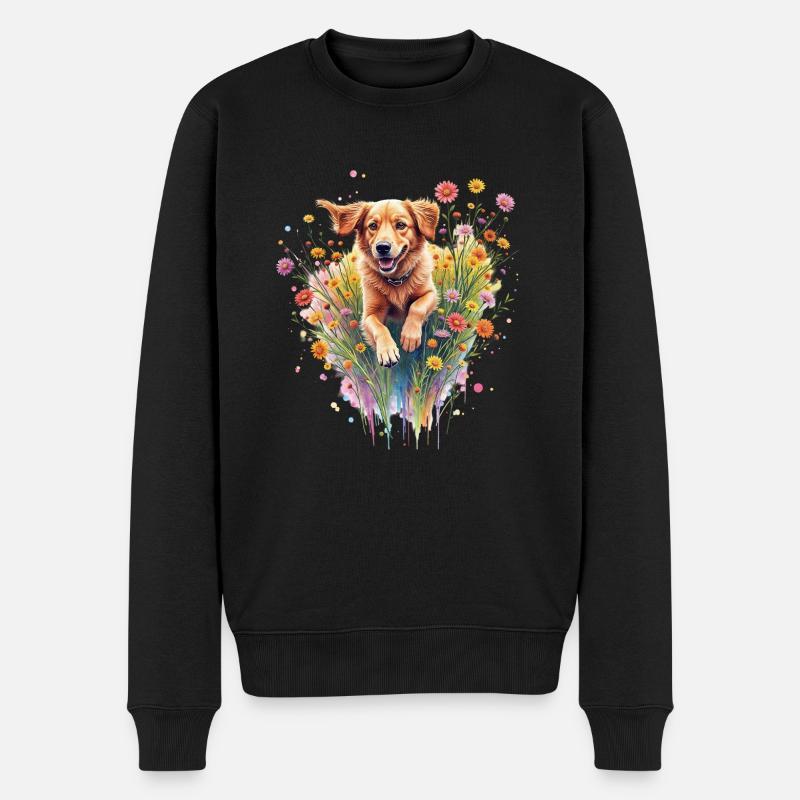 Hund spielt in Blumen - Männer Premium Bio Pullover - Schwarz