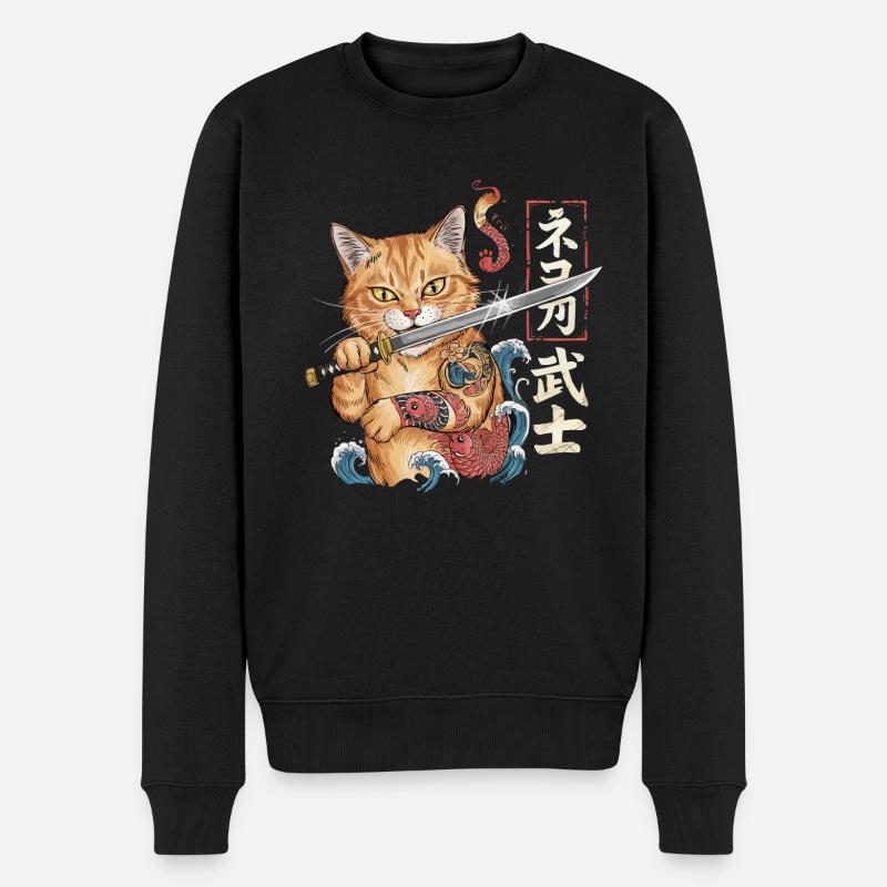 Samurai-Katze - Männer Premium Bio Pullover - Schwarz