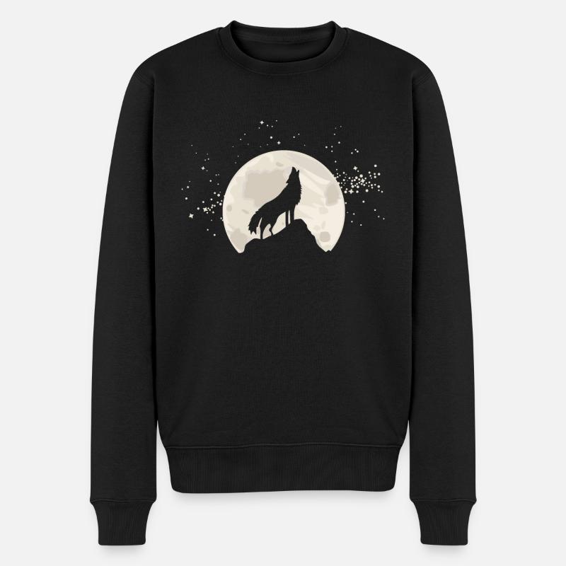 Loup hurlant devant la lune avec des étoiles - Pull Premium bio Homme - noir
