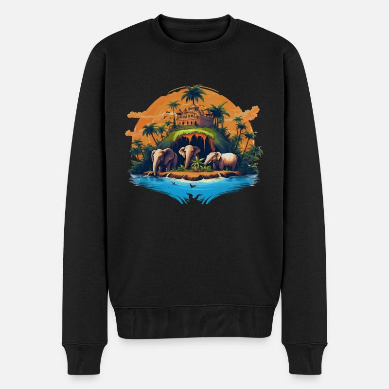 Karibische Insel mit Palmen und Elefanten, surreal - Männer Premium Bio Pullover - Schwarz