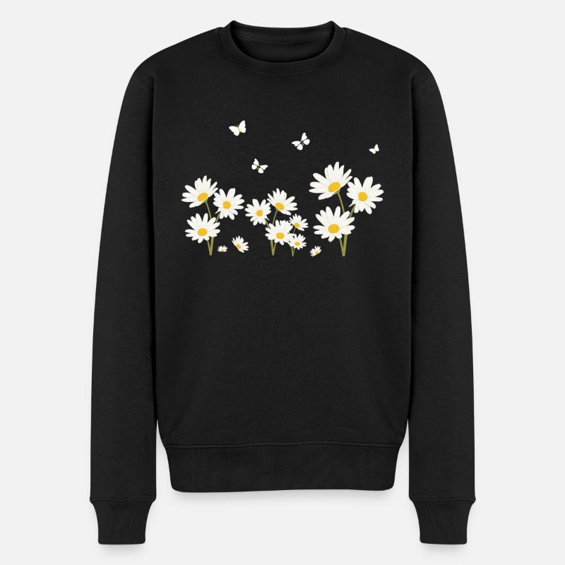 Blumen, Gänseblümchen und Schmetterlinge - Männer Premium Bio Pullover - Schwarz